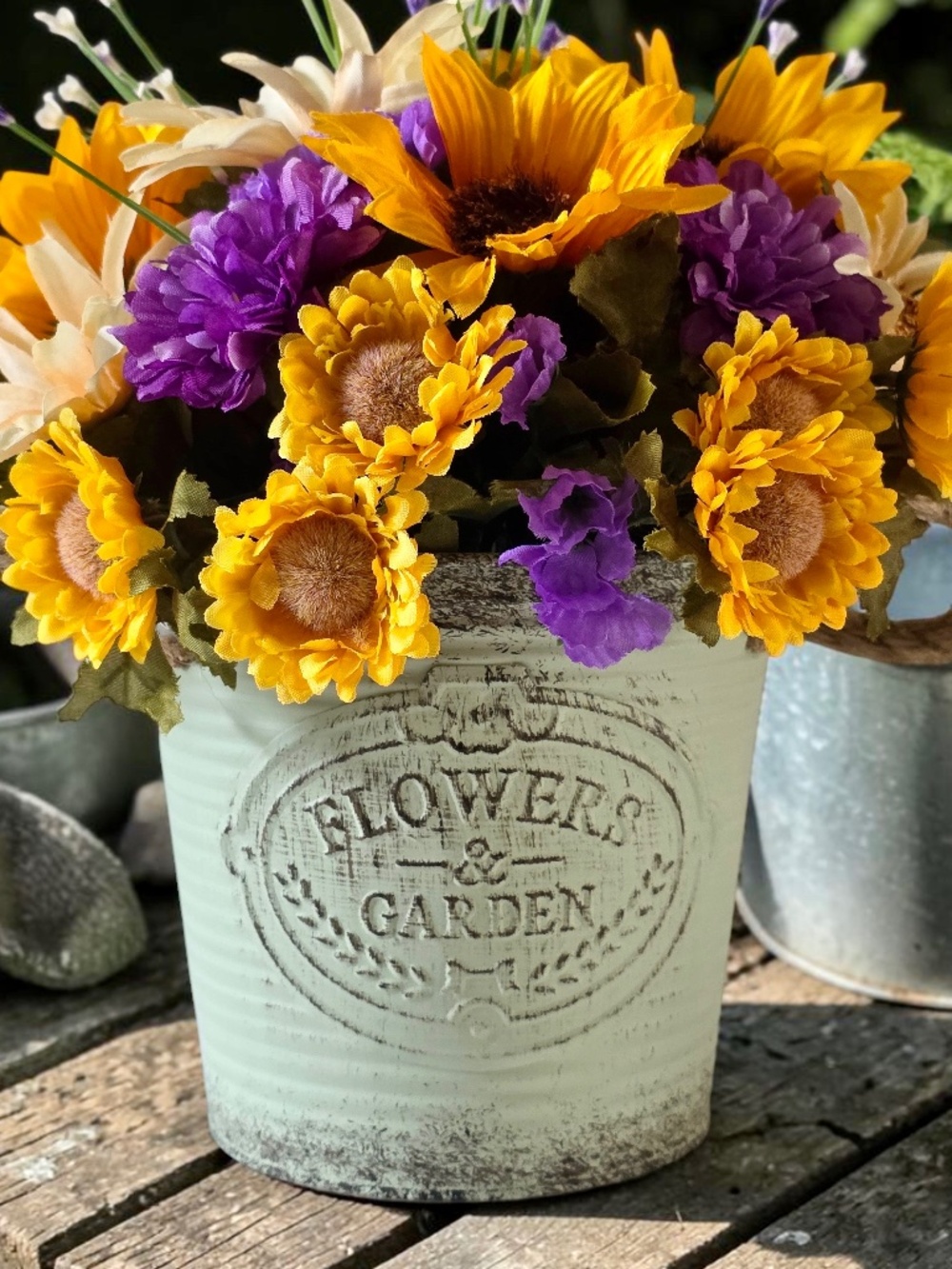 Rustic Farmhouse Artificial Faux Floral Bouquet Metal Planter Table Decor